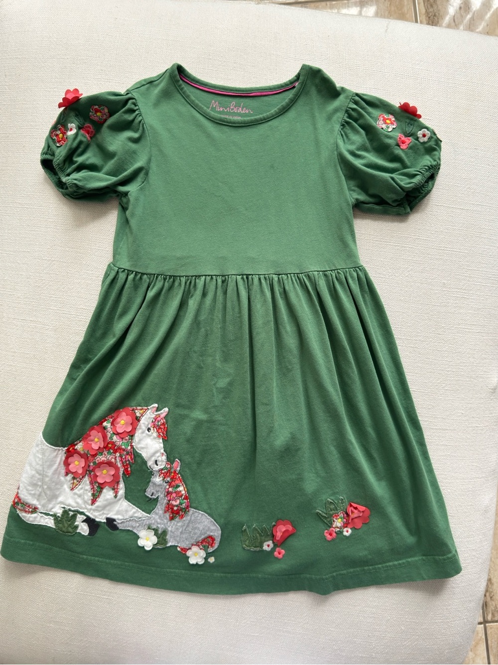 Mini Boden Green Unicorn Appliqué Puff-Sleeve Dress with Floral Details